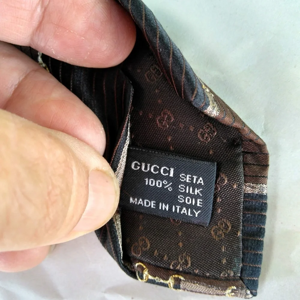 GUCCI VINTAGE HORSEBIT SILK NECK TIE brown black